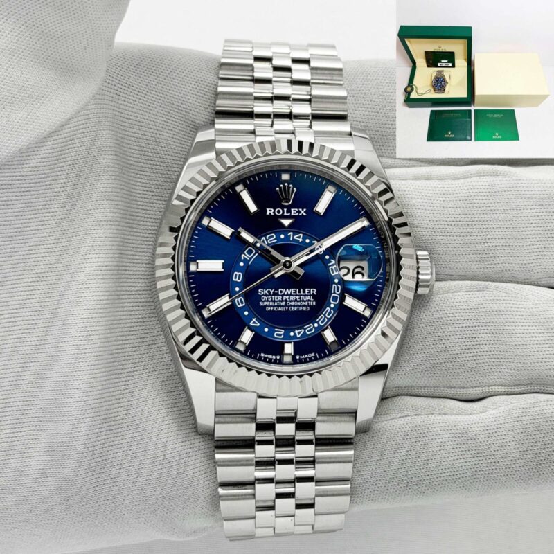 2024 Rolex Sky-Dweller 336934 42MM Blue Stick Dial Fluted Jubilee Box Paper