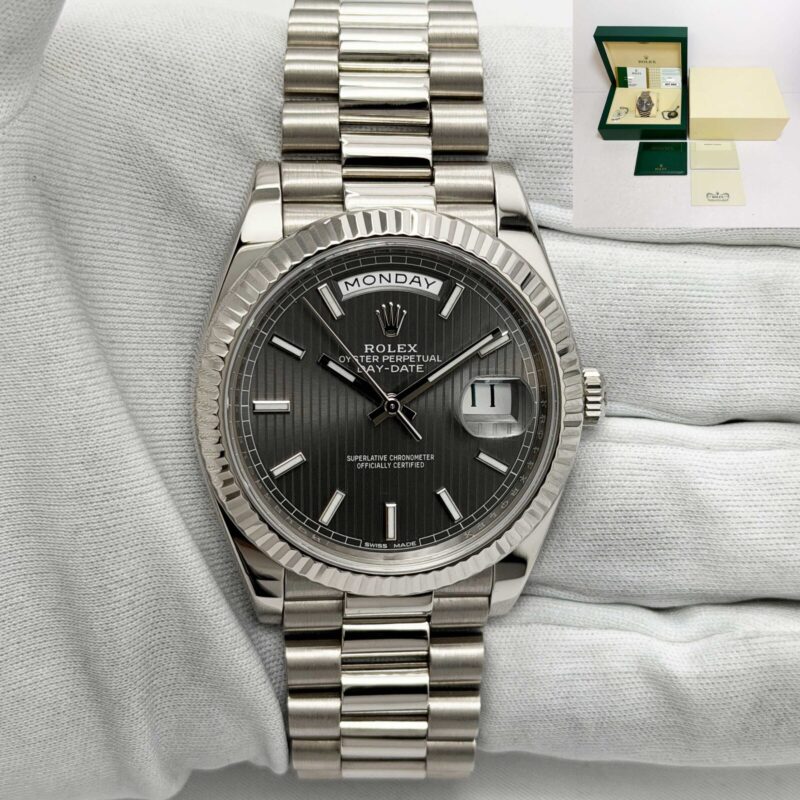 2015 Rolex Day-Date 228239 40MM Rhodium Tapestry 18K Wg Box Paper 2025 Cpo Card