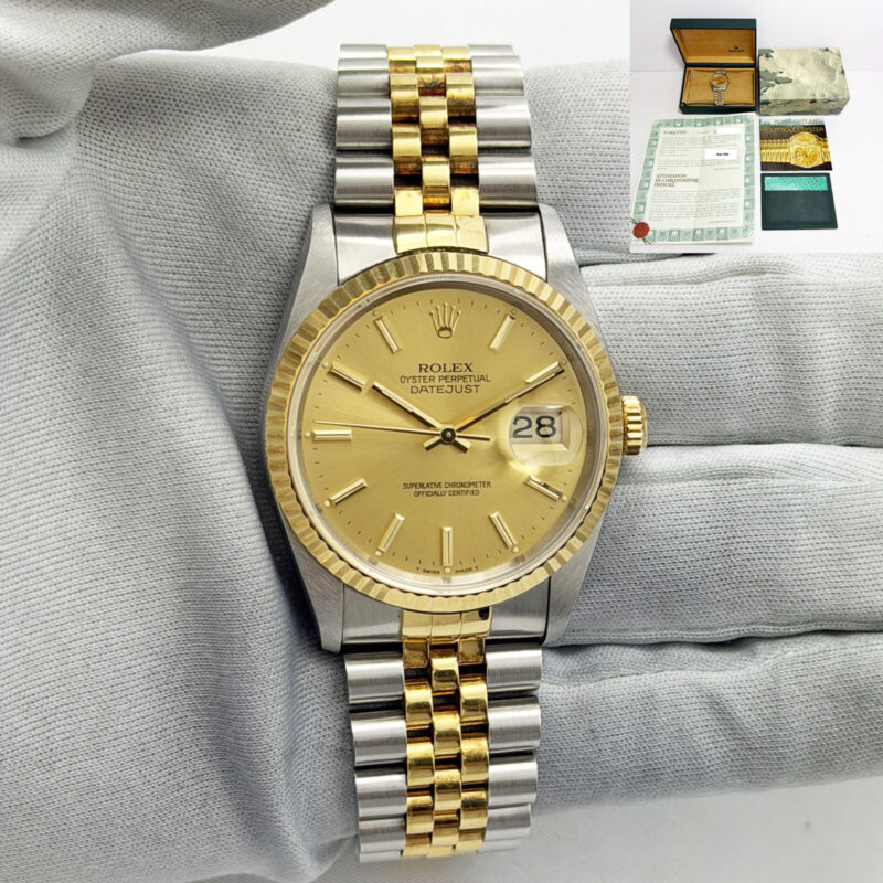Mint Unpolished 1992 Rolex Datejust 16233 36MM Champagne Two-Tone Yg Box Papers