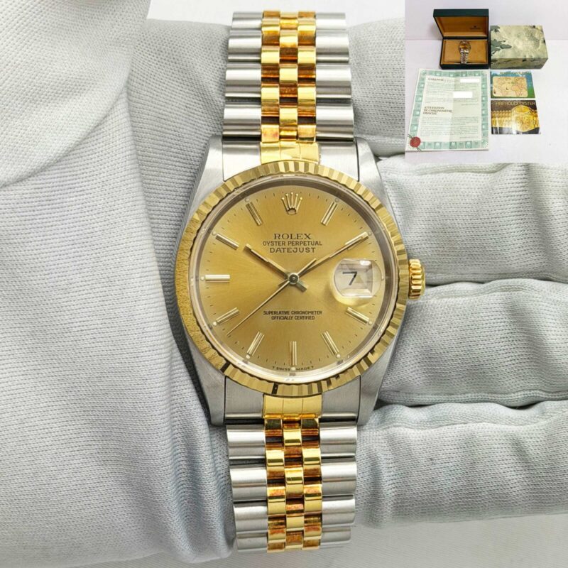 Mint Unpolished 1993 Rolex Datejust 16233 36MM Champagne Two-Tone 18K Yg B/p