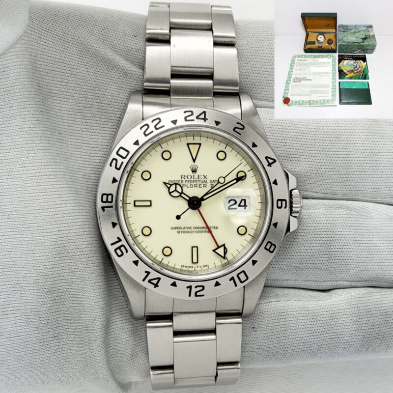 1996 Rolex Explorer II Polar 16570 40MM Cream Patina Steel Box Paper T-Serial