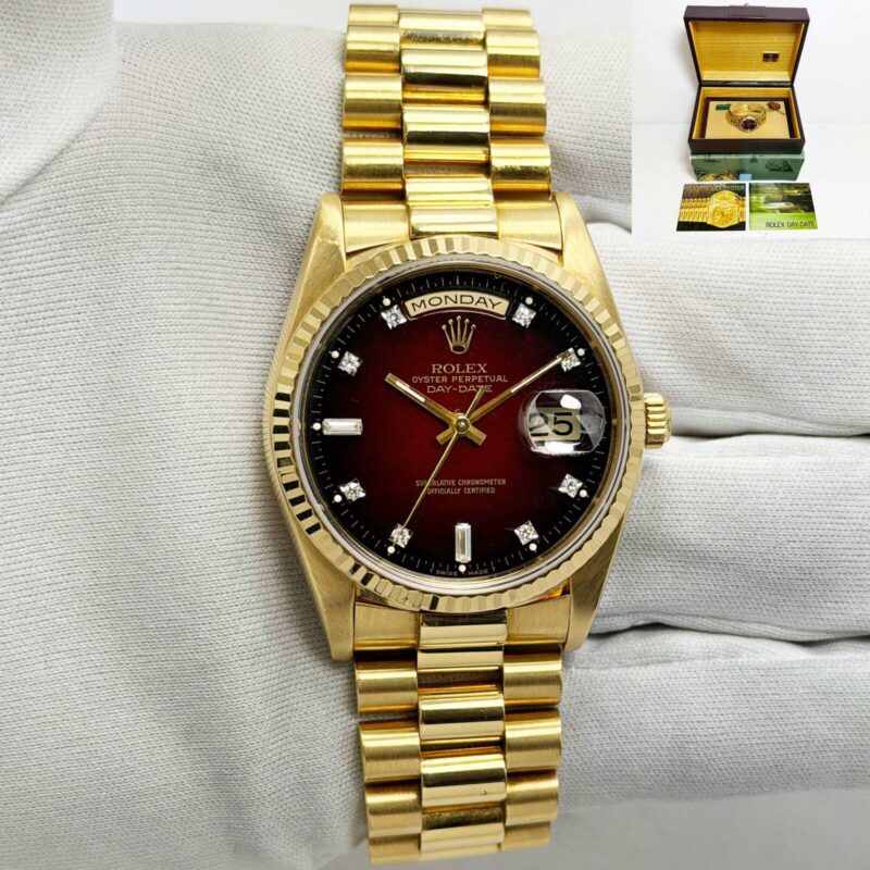 1990 Rolex Day-Date President 18238 36MM Red Vignette Dial 18K Yg Box E-Serial
