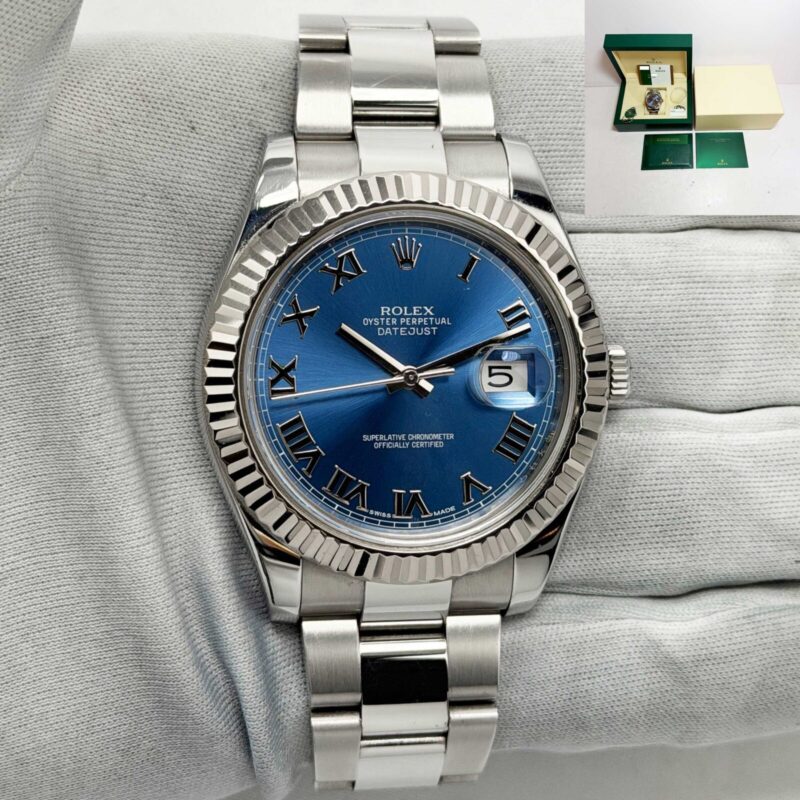 2017 Rolex Datejust II 116334 41MM Blue Roman Dial Fluted Oyster Steel Box Paper
