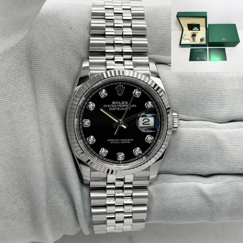 2025 Rolex Datejust 126234 36MM Black Diamond Fluted Jubilee Steel Box Paper