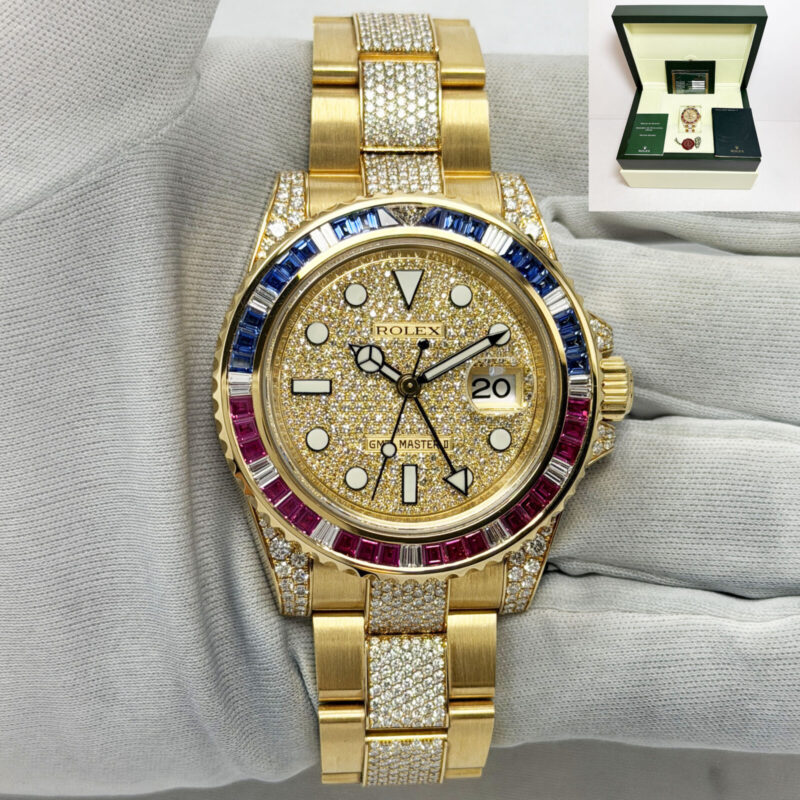 2011 Rolex GMT-Master II 116758SARU 40MM Pave Diamonds Sapphire 18K Yg B/p