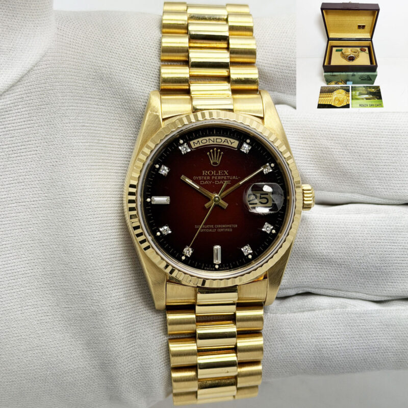 1990 Rolex Day-Date President 18238 36MM Red Vignette Dial 18K Yg Box E-Serial