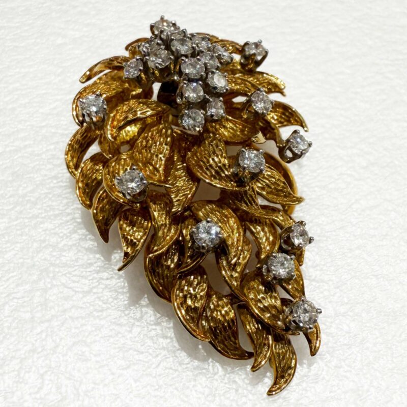 Vintage 18K Yellow Gold Diamond Feather Brooch 19.5 Grams
