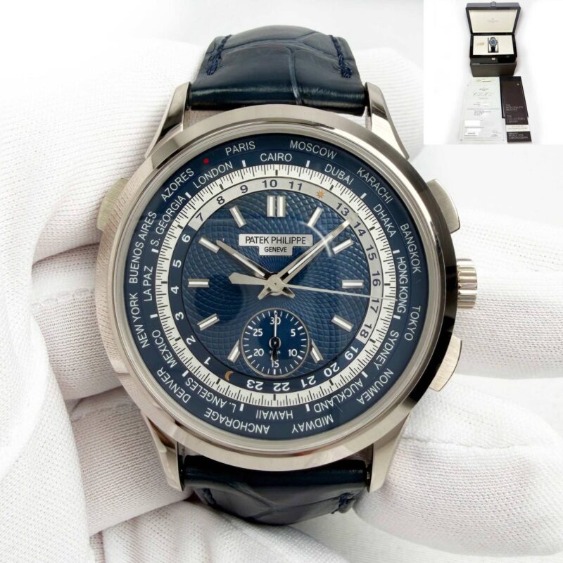 Patek Philippe World Time Complications 5930G 39.5MM 18K Wg Blue Dial Box Papers