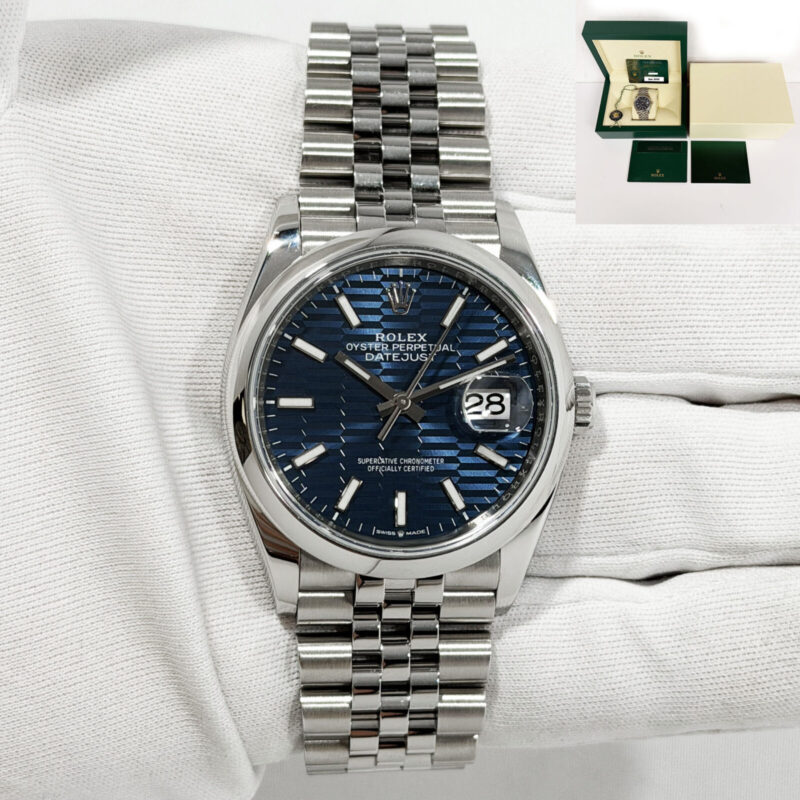 2022 Rolex Datejust 126200 36MM Blue Motif Smooth Jubilee Steel Box Paper