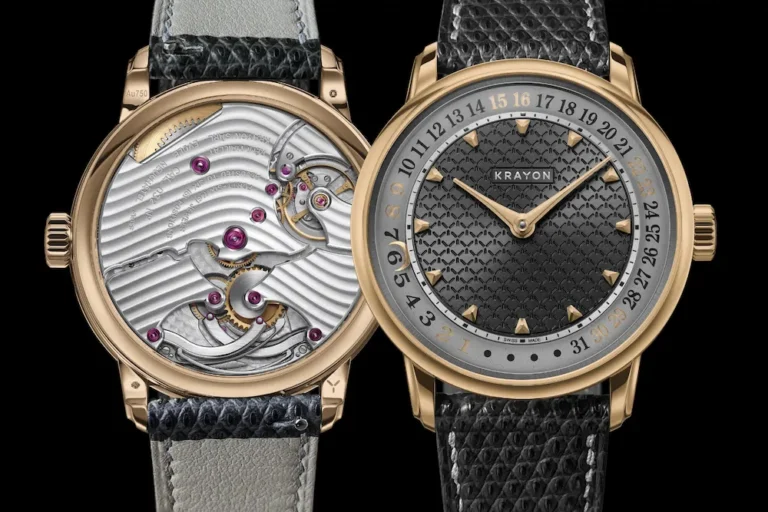 Krayon Anyday luxury watch shown front and back, featuring a perpetual calendar dial and exposed rose gold movement