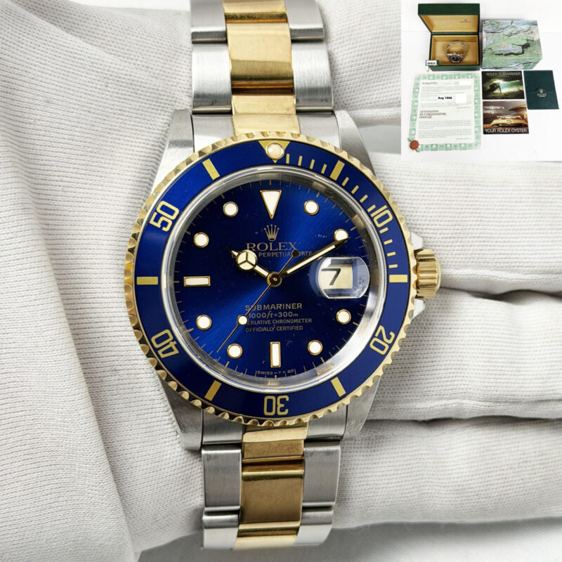 Mint Unpolished 1998 Rolex Submariner Date 16613 40MM Blue Two-Tone 18K Yg B/p