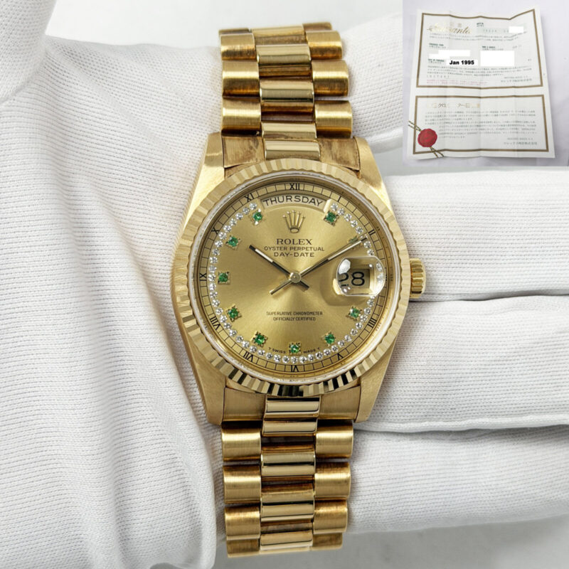 1995 Rolex Day-Date 18238 36MM Champagne Emerald String Diamond President B/p