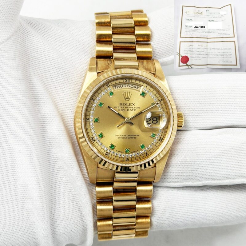 1995 Rolex Day-Date 18238 36MM Champagne Emerald String Diamond President B/p