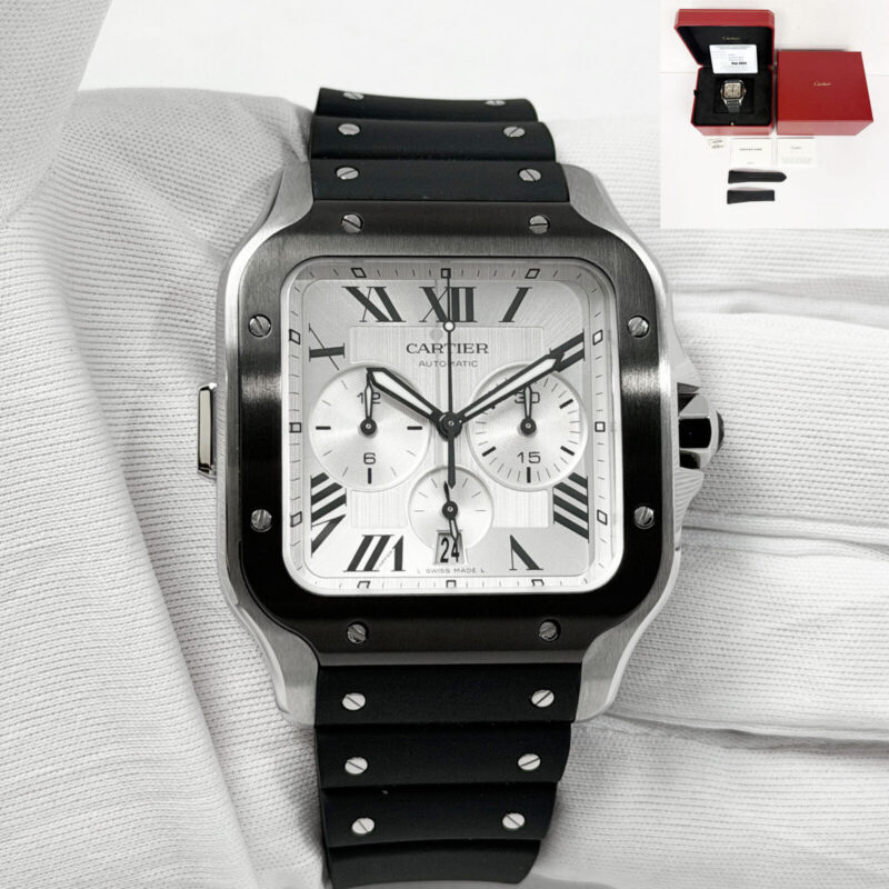 2023 Cartier Santos Chronograph WSSA0017 43MM Silver Steel Carbon B/p