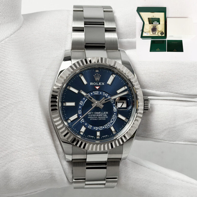 2023 Rolex Sky-Dweller 326934 42MM Blue Steel Fluted Oyster Box Paper