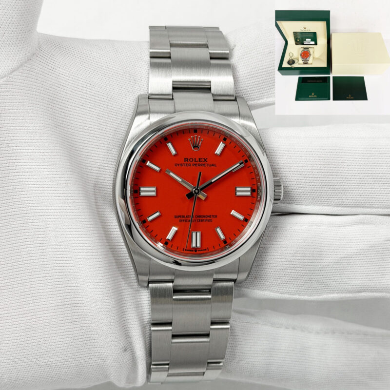 2020 Rolex Oyster Perpetual 126000 Coral Red Index Dial Smooth Oyster Steel B/p