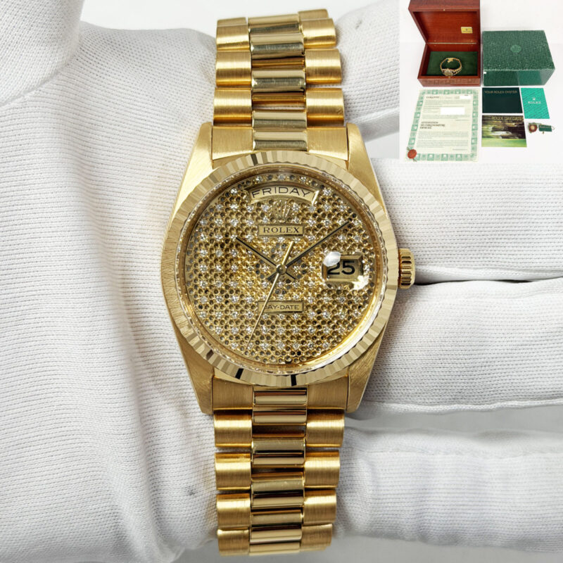 2000 Rolex Day-Date 18238 36MMM Honeycomb Diamond Dial President 18K Yg B/p