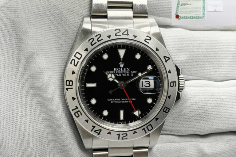 Rolex Explorer II 16570 with black dial, box, and papers, the watch this Rolex Explorer II 16570 movement guide covers.
