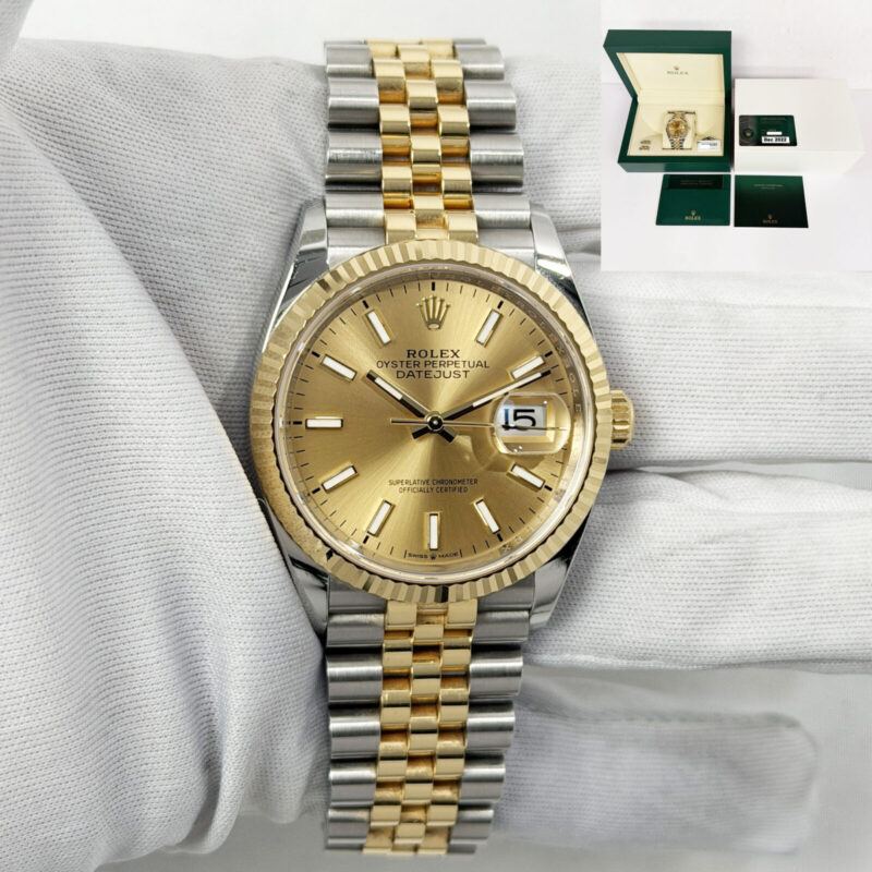 2022 Rolex Datejust 126233 36MM Stick Champagne Jubilee Two-Tone 18K Yg B/p