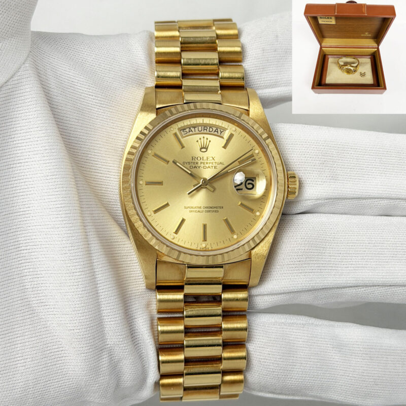 1979 Unpolished Rolex Day-Date 18038 36MM Champagne Stick Dial 18K Yg Box