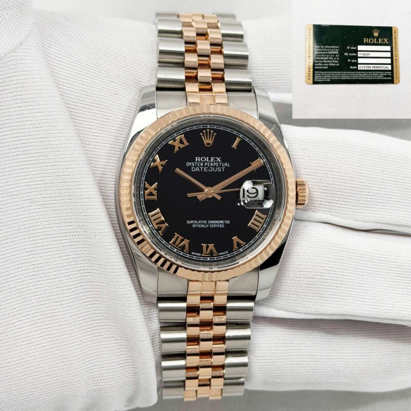 2014 Rolex Datejust 116231 36MM Black Roman Fluted Jubilee Two-Tone Rg Paper