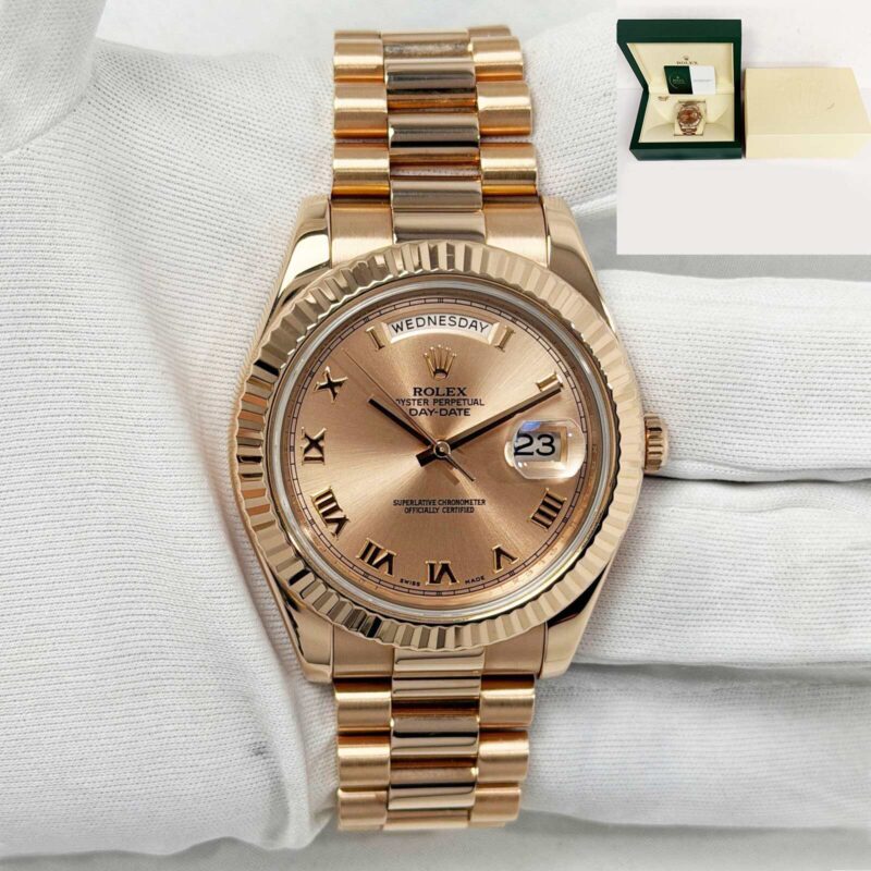 Rolex Day-Date II 218235 41MM Rose Roman Dial 18K Rose Gold Box Service Card