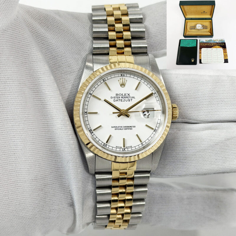1991 Rolex Datejust 16233 36MM White Stick Dial Two-Tone 18K Yg Box X-Serial