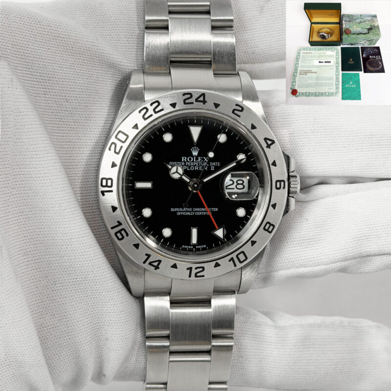 Unpolished 2002 Rolex Explorer II 16570 40MM Black Oyster Steel Box Paper