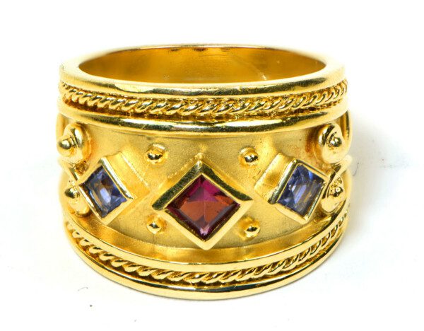 Vintage-Tourmaline-Tanzanite-Princess-Cut-Ring-147g-18k-Yellow-Gold-Size-7-111907240420