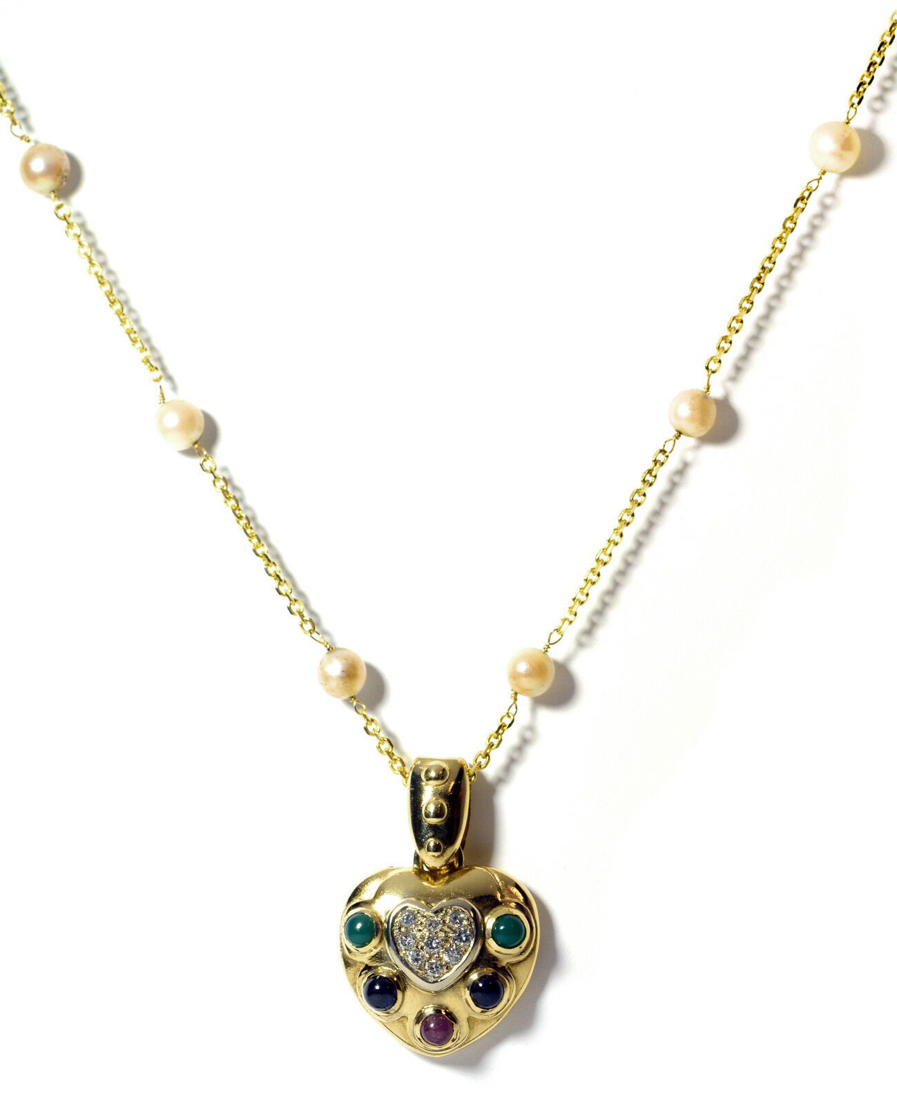 Heart Pendant Necklace w/ Diamond Jade Black Sapphire Ruby Cabochon 14k ...