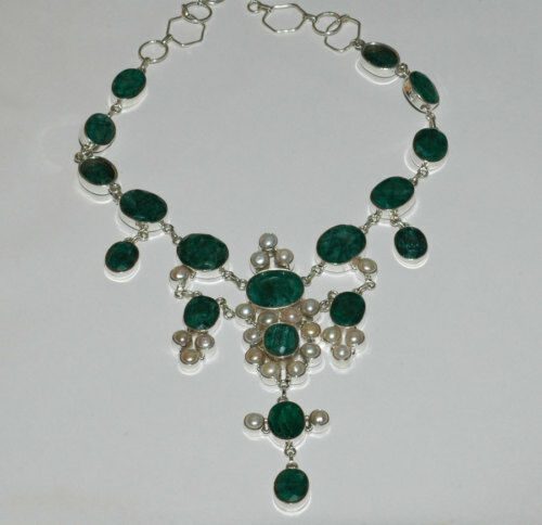 Antique-Style-248ct-Natural-Green-Saphire-Pearl-Silver-Necklace-GLA-certified-171188694394