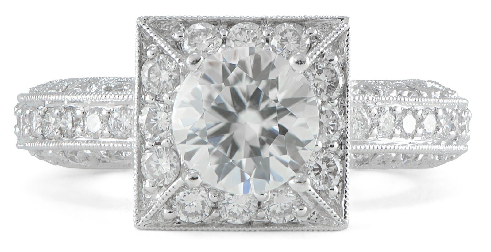 Art-Deco-Round-Halo-Semi-Mount-Diamond-Engagement-Ring-18k-White-Gold-SZ-65-111881608344