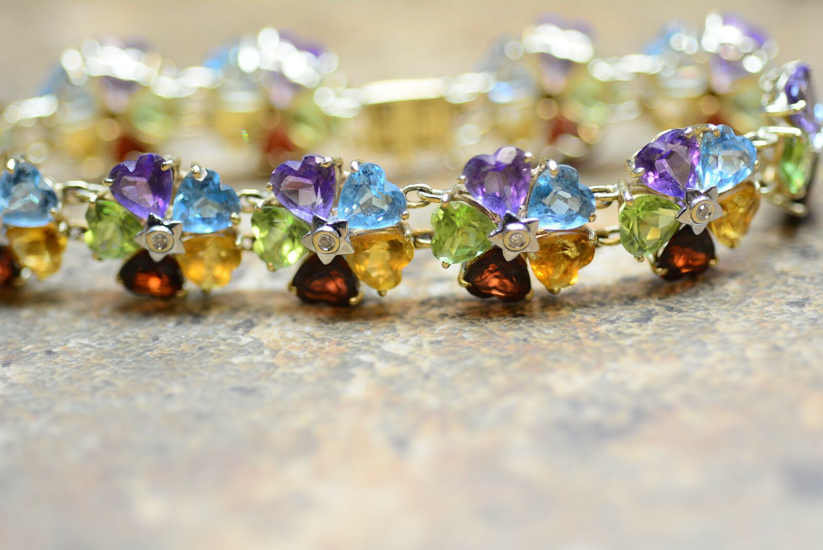 14K-Yellow-Gold-33cts-Topaz-Peridot-Amethyst-Bracelet-Diamond-Vintage-111290135395